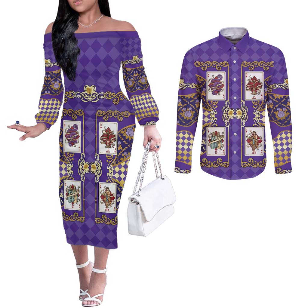 Zodiac Signs Couples Matching Off The Shoulder Long Sleeve Dress and Long Sleeve Button Shirt The Air Element Baroque Diamonds Card