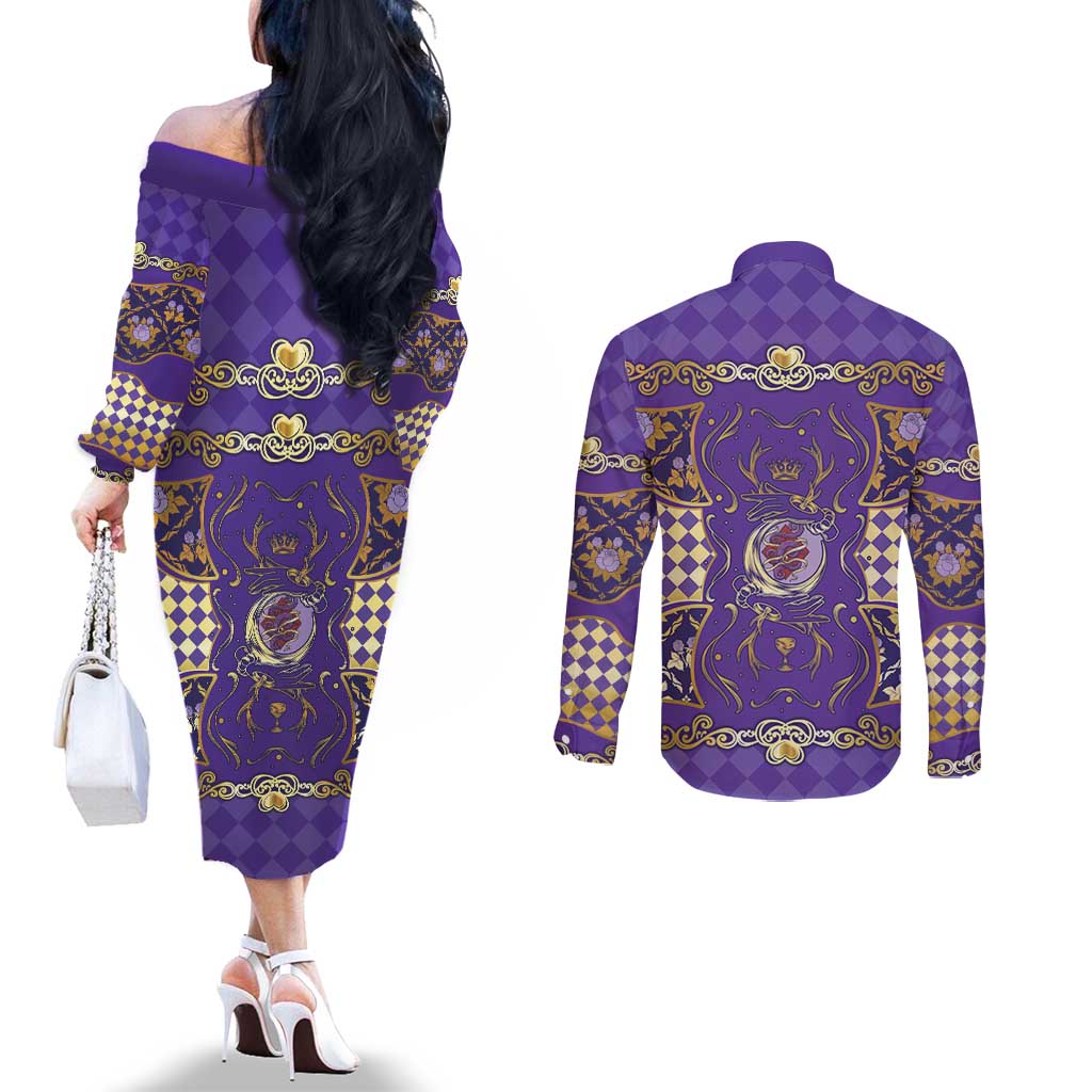 Zodiac Signs Couples Matching Off The Shoulder Long Sleeve Dress and Long Sleeve Button Shirt The Air Element Baroque Diamonds Card