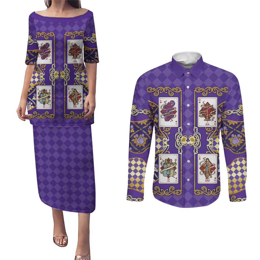 Zodiac Signs Couples Matching Puletasi and Long Sleeve Button Shirt The Air Element Baroque Diamonds Card