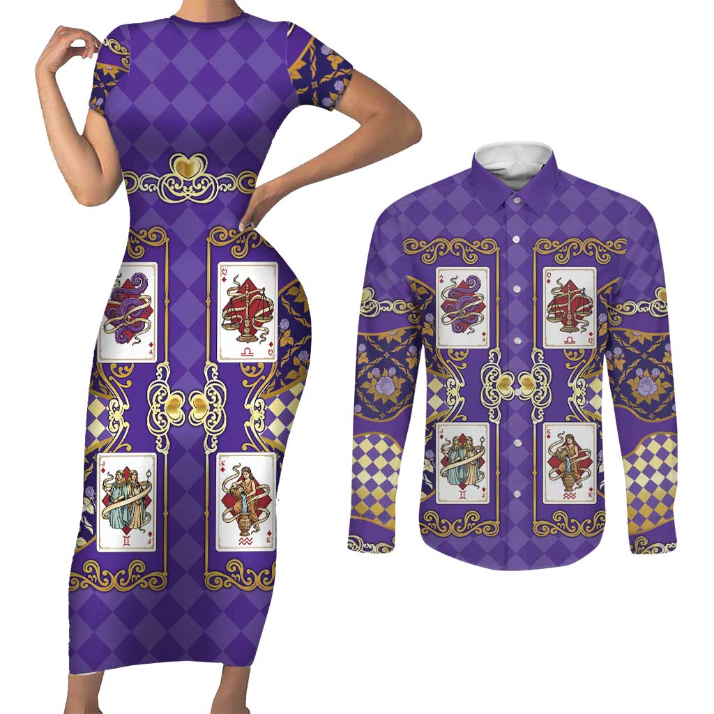 Zodiac Signs Couples Matching Short Sleeve Bodycon Dress and Long Sleeve Button Shirt The Air Element Baroque Diamonds Card