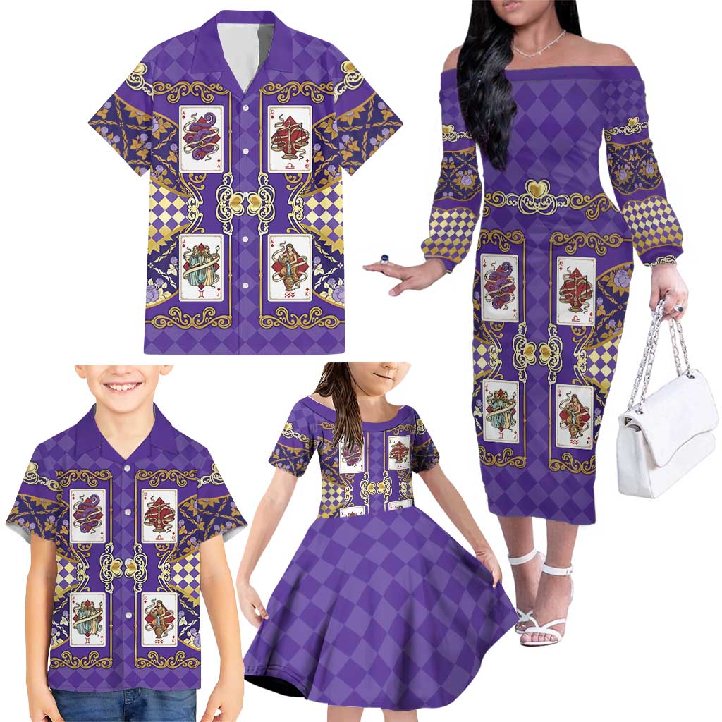 Zodiac Signs Family Matching Off The Shoulder Long Sleeve Dress and Hawaiian Shirt The Air Element Baroque Diamonds Card