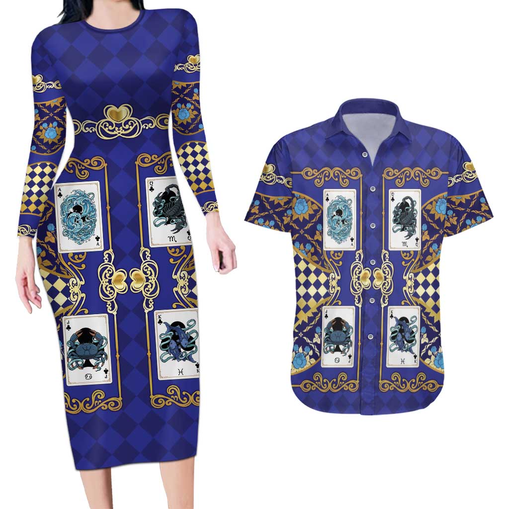 Zodiac Signs Couples Matching Long Sleeve Bodycon Dress and Hawaiian Shirt The Water Element Baroque Clubs Card