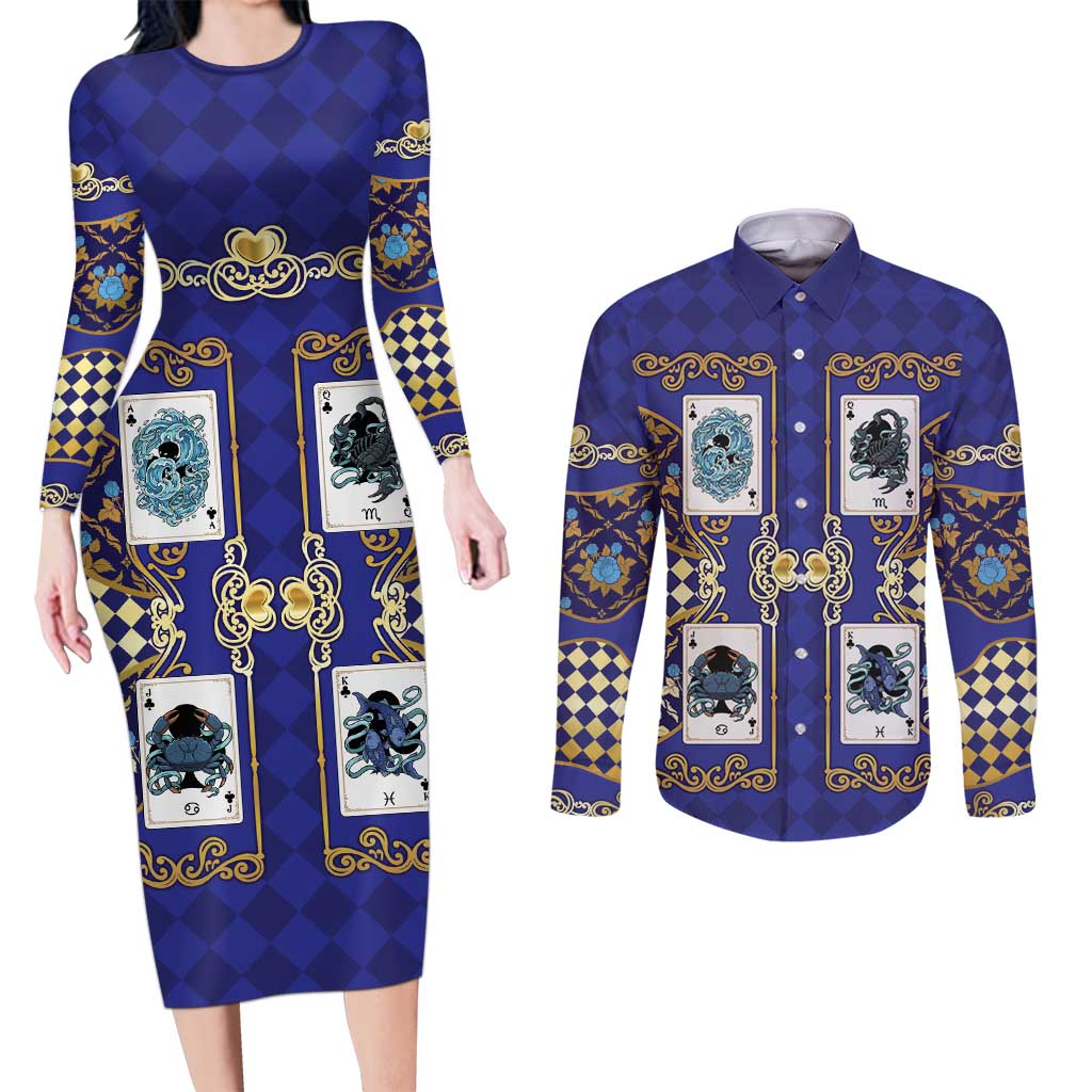 Zodiac Signs Couples Matching Long Sleeve Bodycon Dress and Long Sleeve Button Shirt The Water Element Baroque Clubs Card