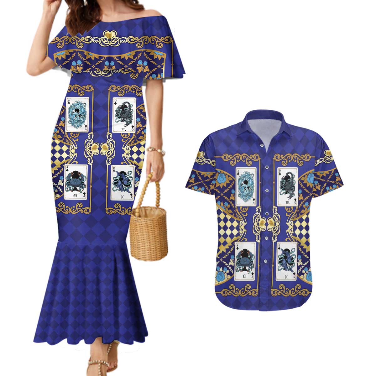 Zodiac Signs Couples Matching Mermaid Dress and Hawaiian Shirt The Water Element Baroque Clubs Card