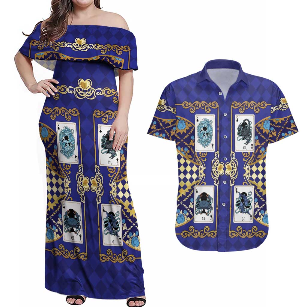 Zodiac Signs Couples Matching Off Shoulder Maxi Dress and Hawaiian Shirt The Water Element Baroque Clubs Card
