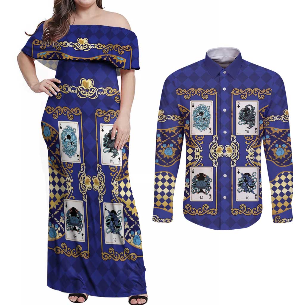Zodiac Signs Couples Matching Off Shoulder Maxi Dress and Long Sleeve Button Shirt The Water Element Baroque Clubs Card