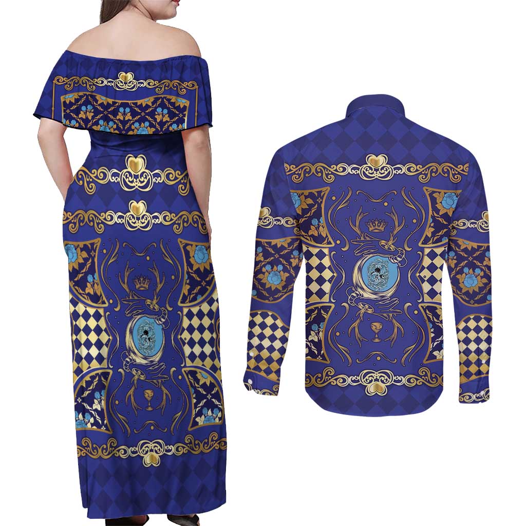 Zodiac Signs Couples Matching Off Shoulder Maxi Dress and Long Sleeve Button Shirt The Water Element Baroque Clubs Card