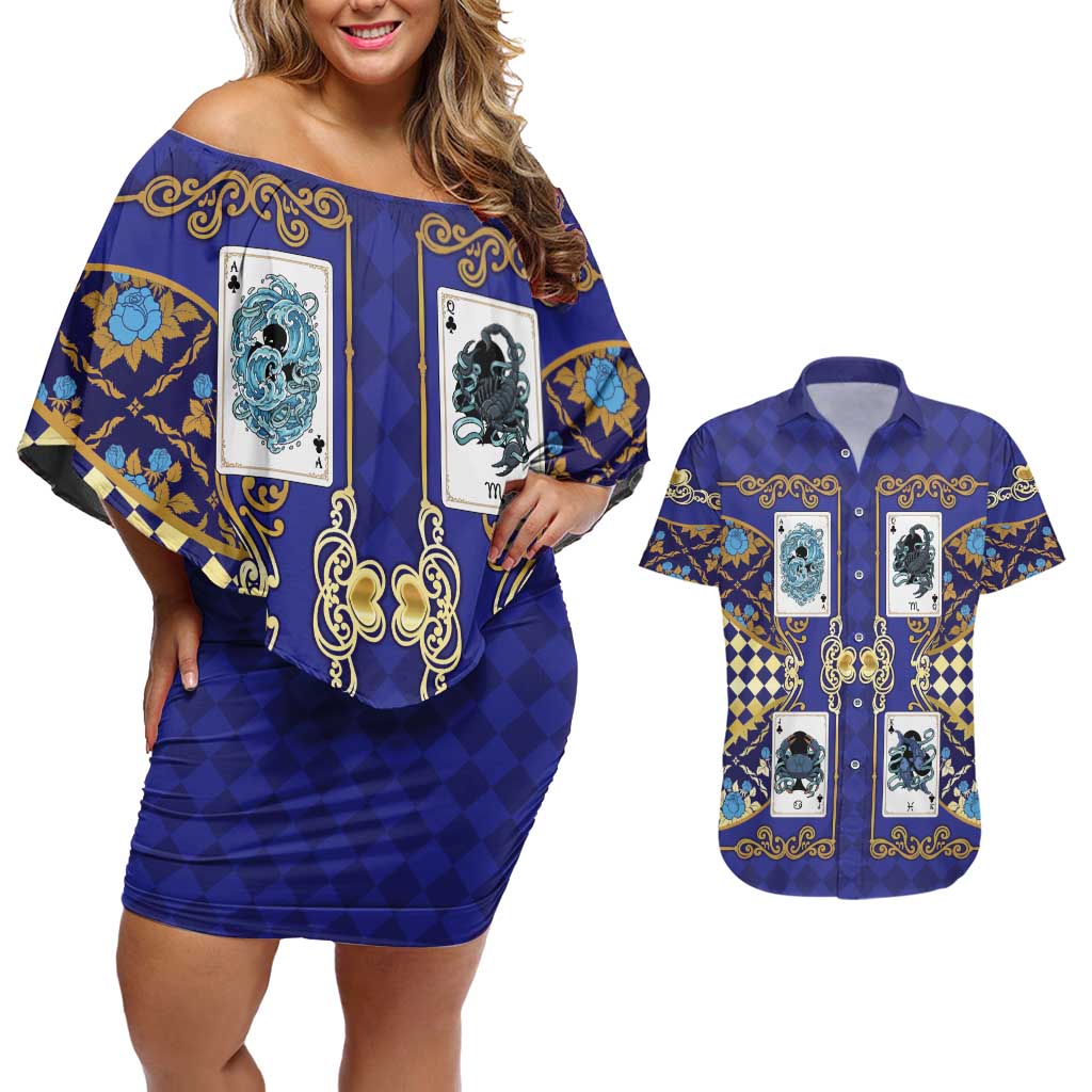 Zodiac Signs Couples Matching Off Shoulder Short Dress and Hawaiian Shirt The Water Element Baroque Clubs Card