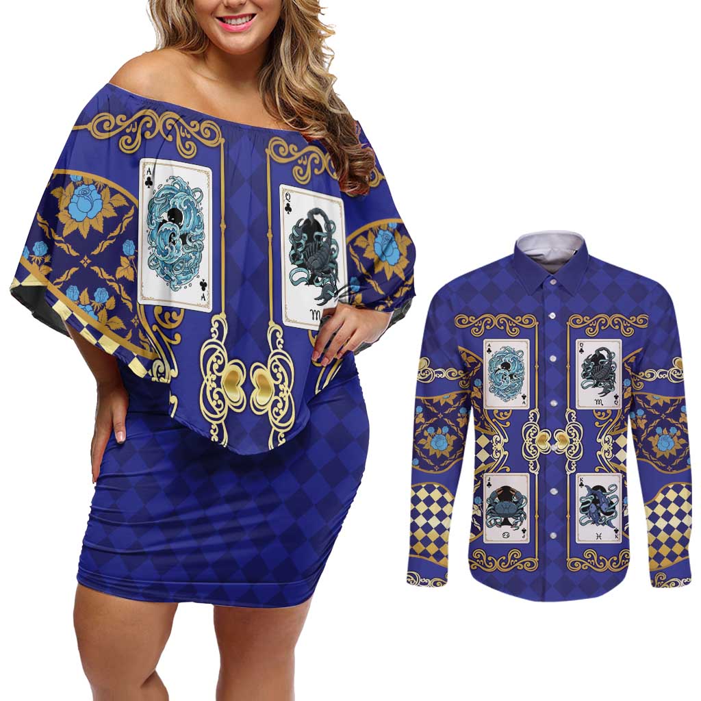 Zodiac Signs Couples Matching Off Shoulder Short Dress and Long Sleeve Button Shirt The Water Element Baroque Clubs Card