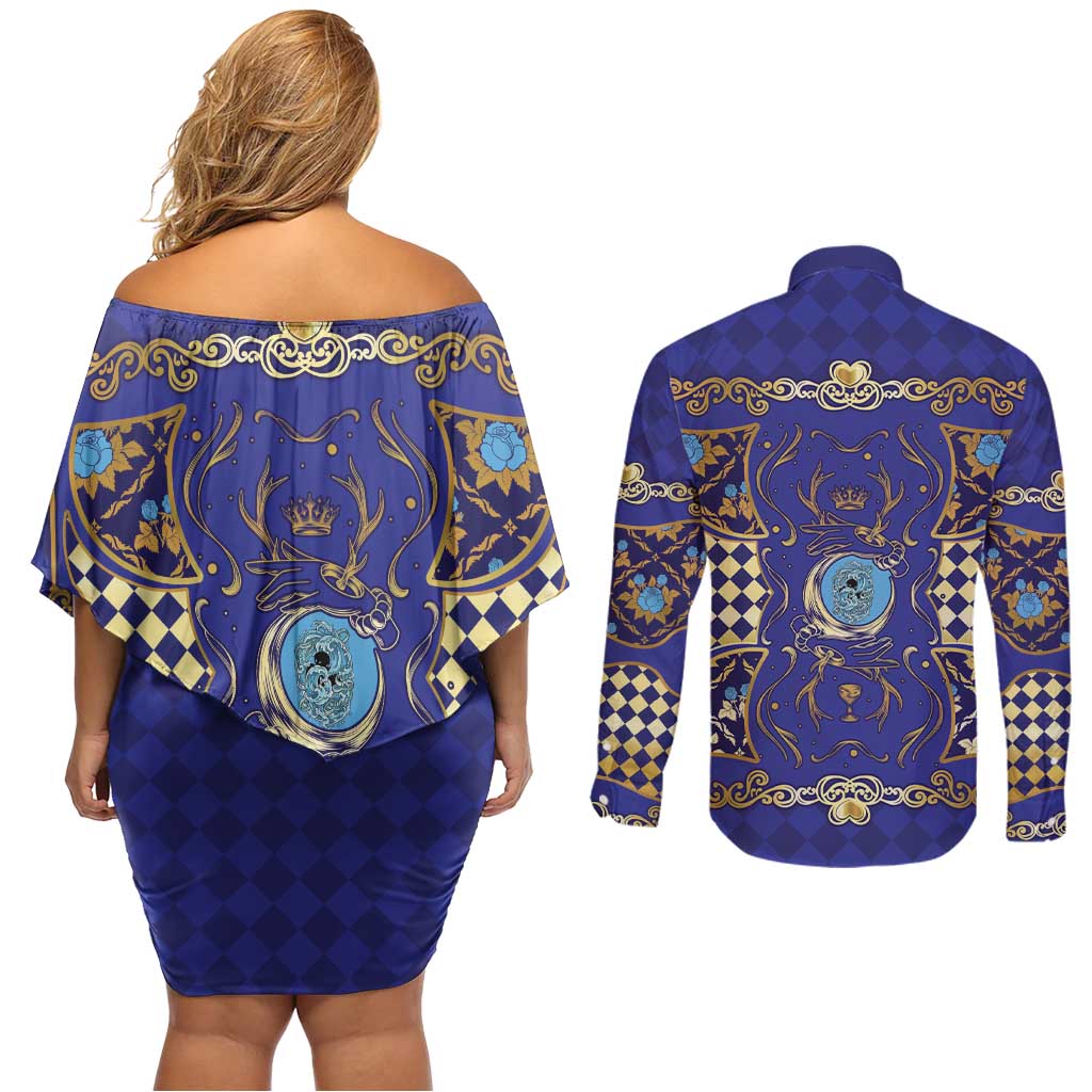 Zodiac Signs Couples Matching Off Shoulder Short Dress and Long Sleeve Button Shirt The Water Element Baroque Clubs Card