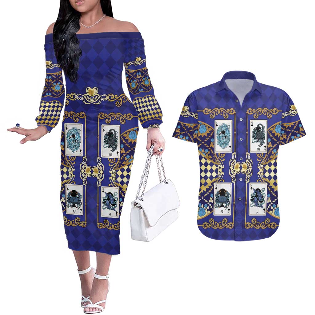 Zodiac Signs Couples Matching Off The Shoulder Long Sleeve Dress and Hawaiian Shirt The Water Element Baroque Clubs Card