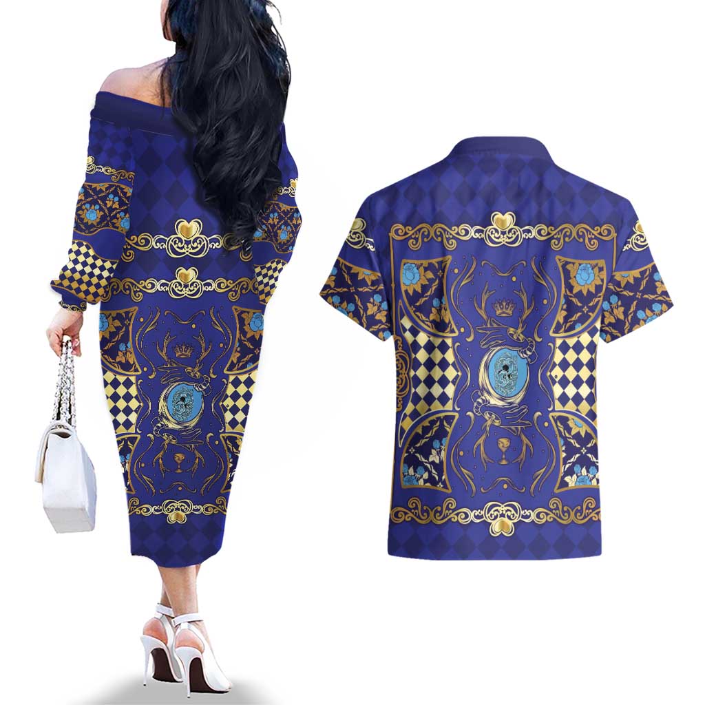 Zodiac Signs Couples Matching Off The Shoulder Long Sleeve Dress and Hawaiian Shirt The Water Element Baroque Clubs Card
