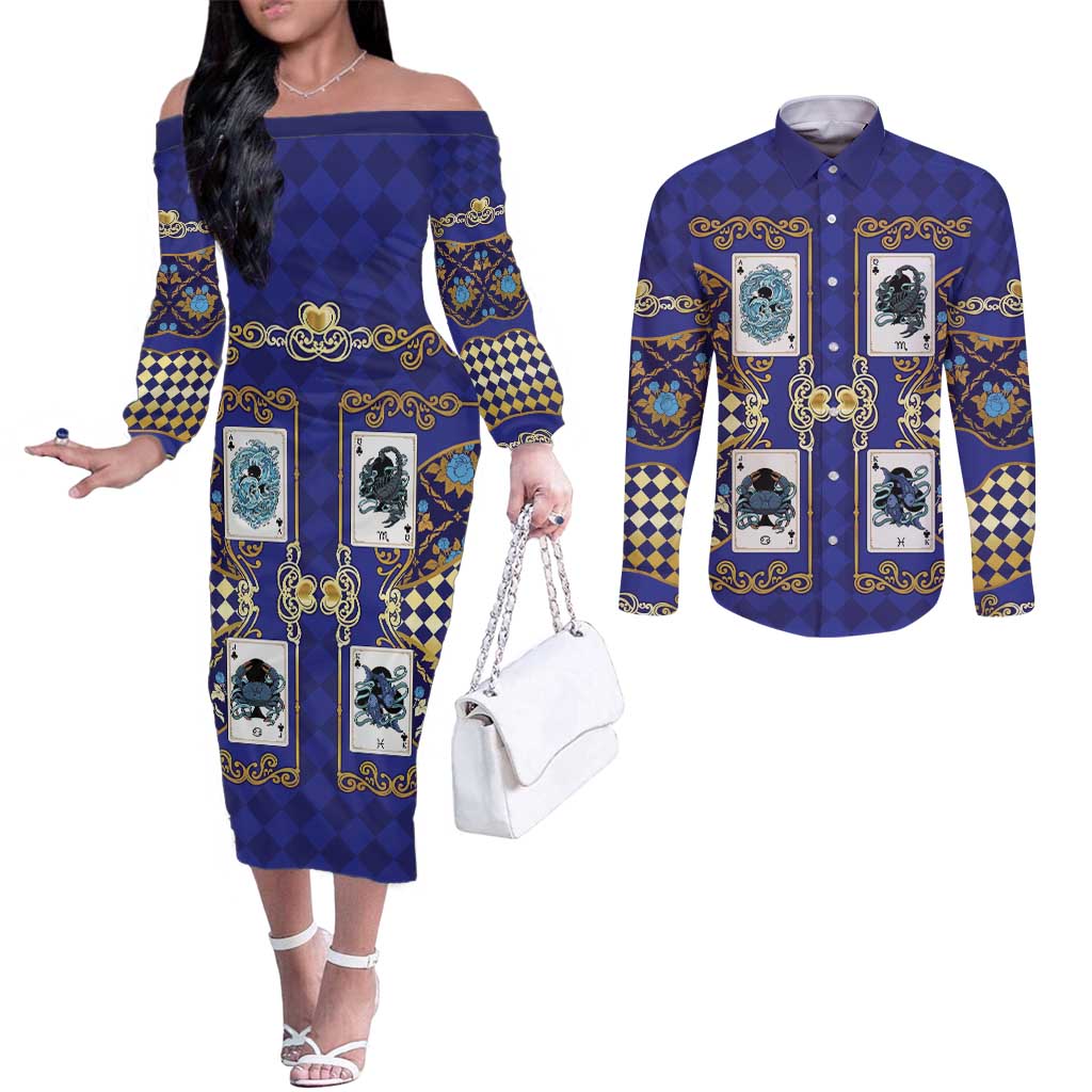 Zodiac Signs Couples Matching Off The Shoulder Long Sleeve Dress and Long Sleeve Button Shirt The Water Element Baroque Clubs Card