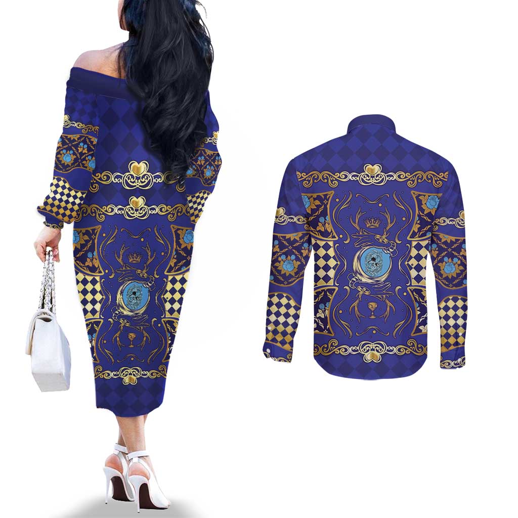 Zodiac Signs Couples Matching Off The Shoulder Long Sleeve Dress and Long Sleeve Button Shirt The Water Element Baroque Clubs Card