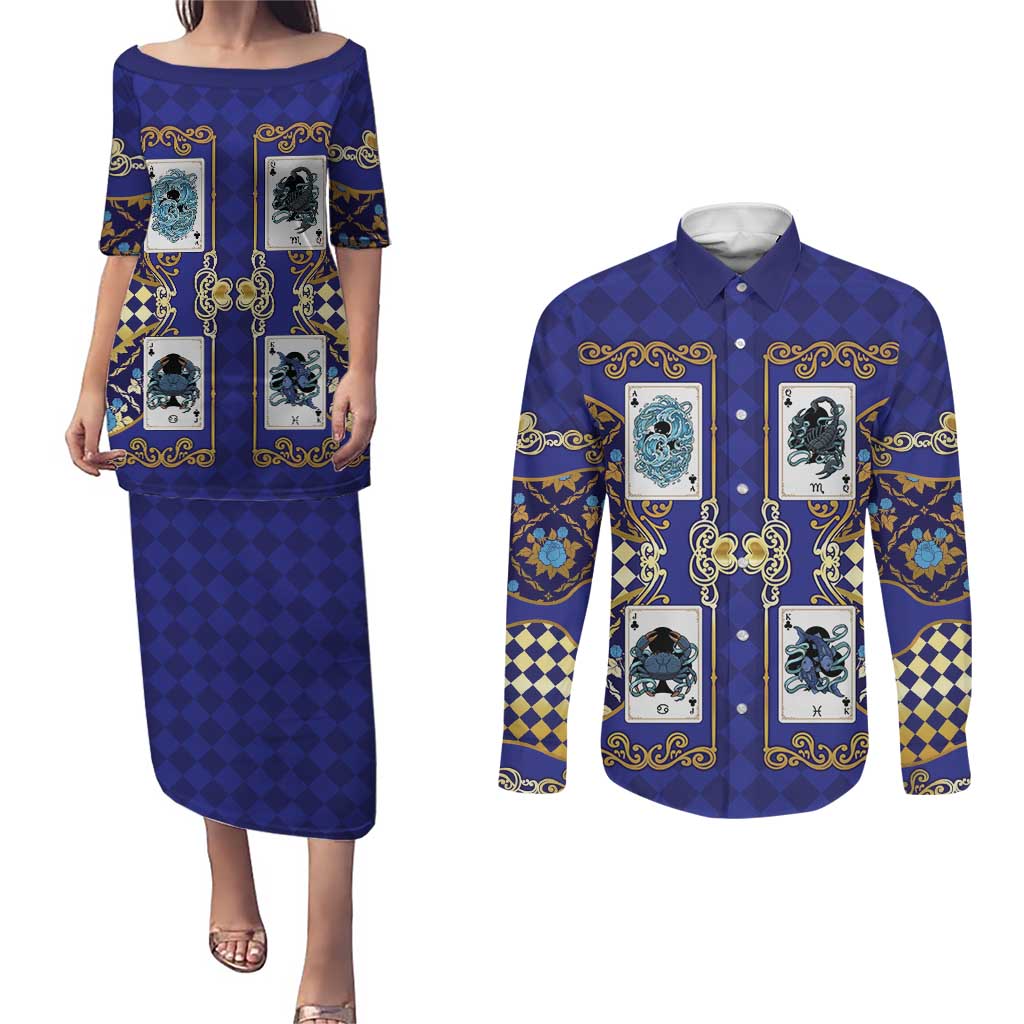 Zodiac Signs Couples Matching Puletasi and Long Sleeve Button Shirt The Water Element Baroque Clubs Card