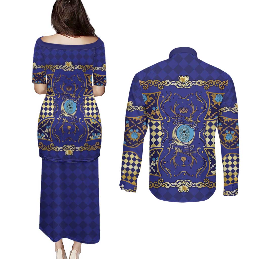 Zodiac Signs Couples Matching Puletasi and Long Sleeve Button Shirt The Water Element Baroque Clubs Card