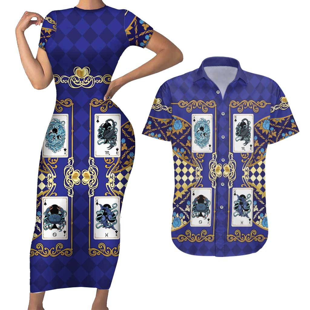 Zodiac Signs Couples Matching Short Sleeve Bodycon Dress and Hawaiian Shirt The Water Element Baroque Clubs Card