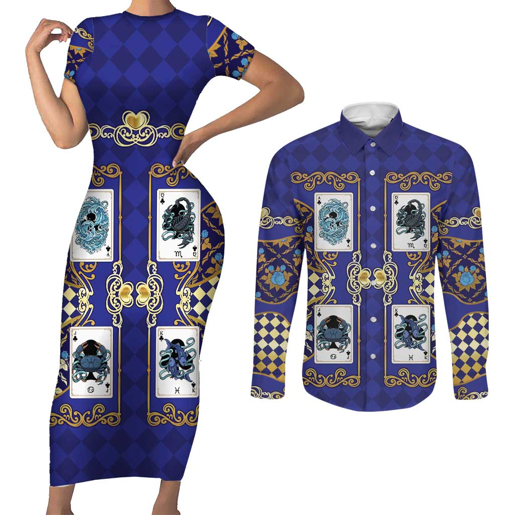 Zodiac Signs Couples Matching Short Sleeve Bodycon Dress and Long Sleeve Button Shirt The Water Element Baroque Clubs Card