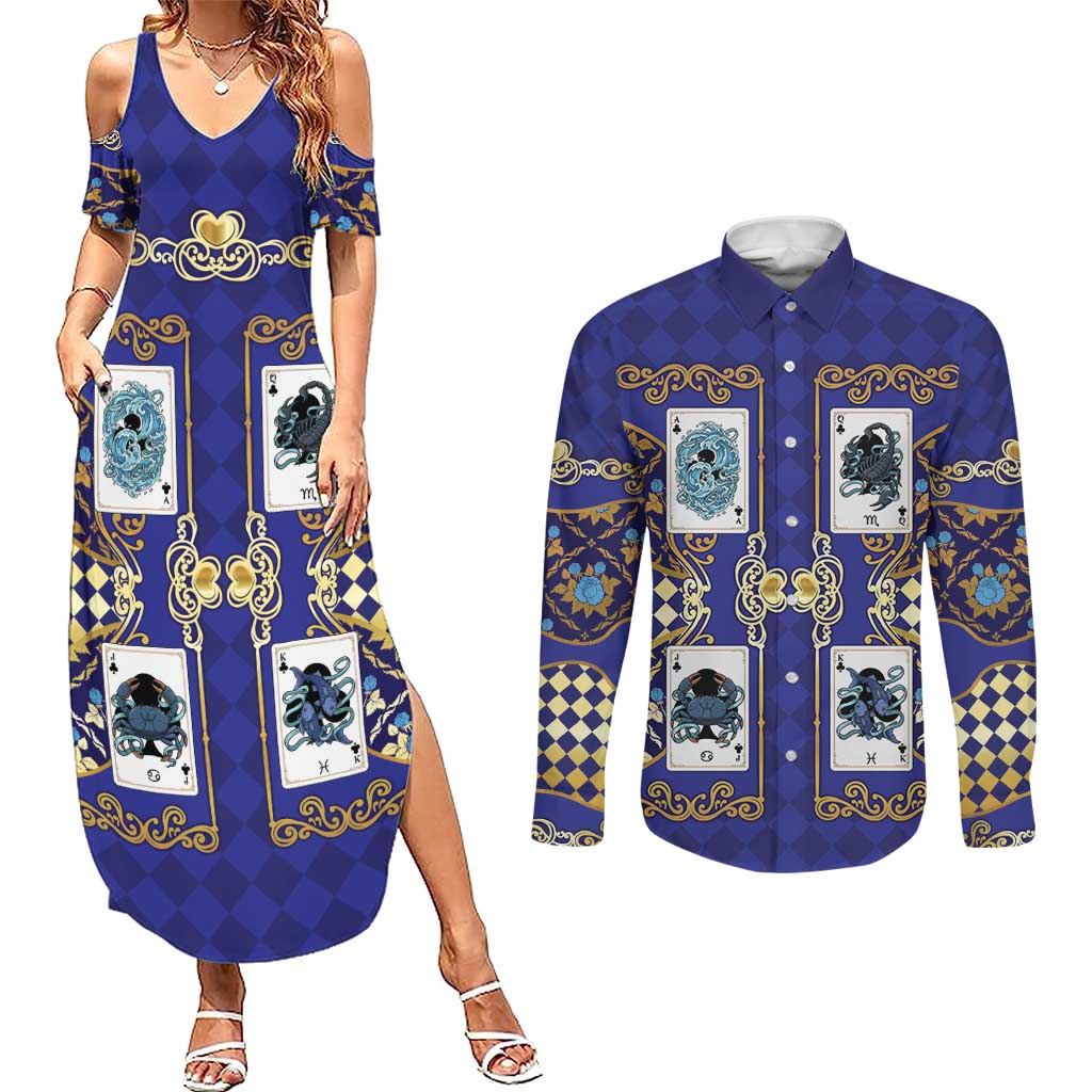 Zodiac Signs Couples Matching Summer Maxi Dress and Long Sleeve Button Shirt The Water Element Baroque Clubs Card