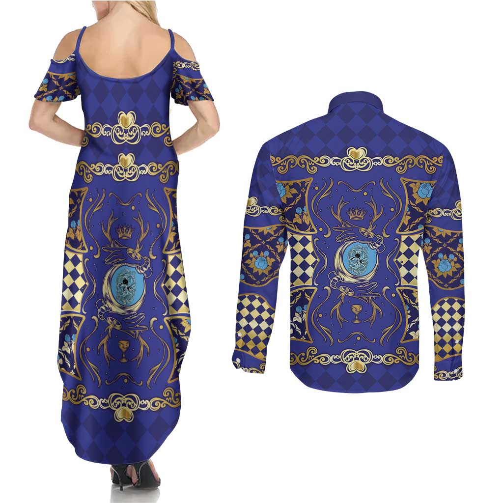 Zodiac Signs Couples Matching Summer Maxi Dress and Long Sleeve Button Shirt The Water Element Baroque Clubs Card