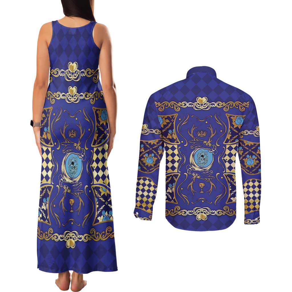 Zodiac Signs Couples Matching Tank Maxi Dress and Long Sleeve Button Shirt The Water Element Baroque Clubs Card
