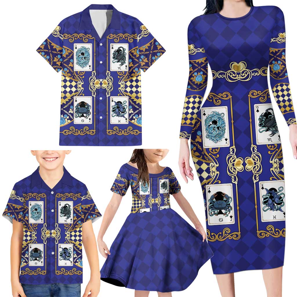 Zodiac Signs Family Matching Long Sleeve Bodycon Dress and Hawaiian Shirt The Water Element Baroque Clubs Card