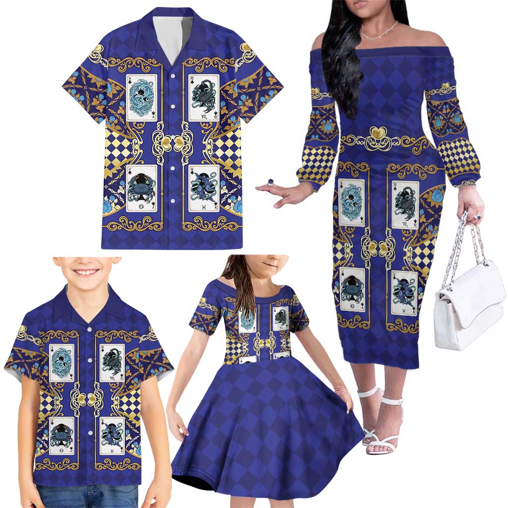 Zodiac Signs Family Matching Off The Shoulder Long Sleeve Dress and Hawaiian Shirt The Water Element Baroque Clubs Card