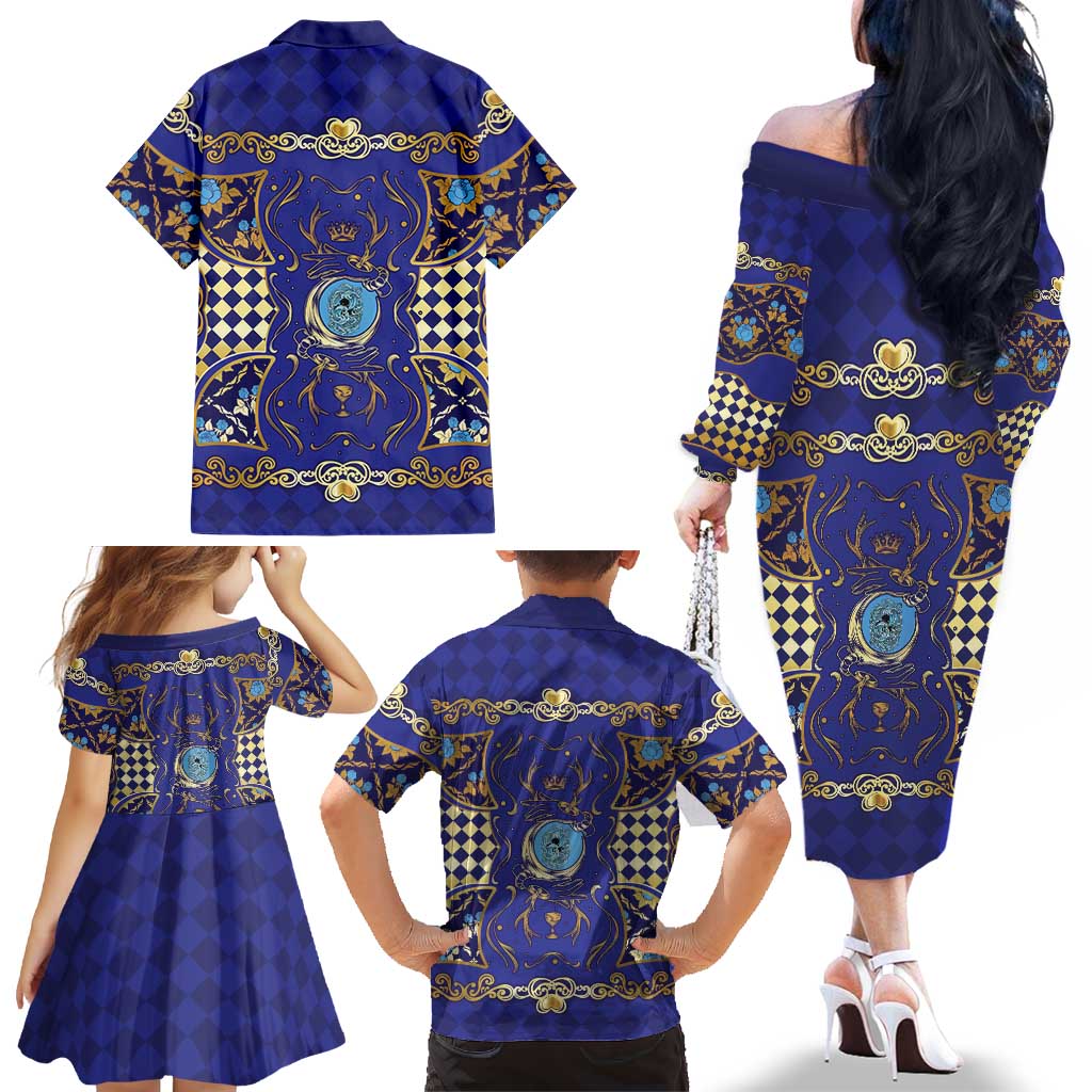 Zodiac Signs Family Matching Off The Shoulder Long Sleeve Dress and Hawaiian Shirt The Water Element Baroque Clubs Card