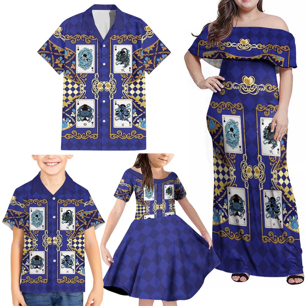 Zodiac Signs Family Matching Off Shoulder Maxi Dress and Hawaiian Shirt The Water Element Baroque Clubs Card