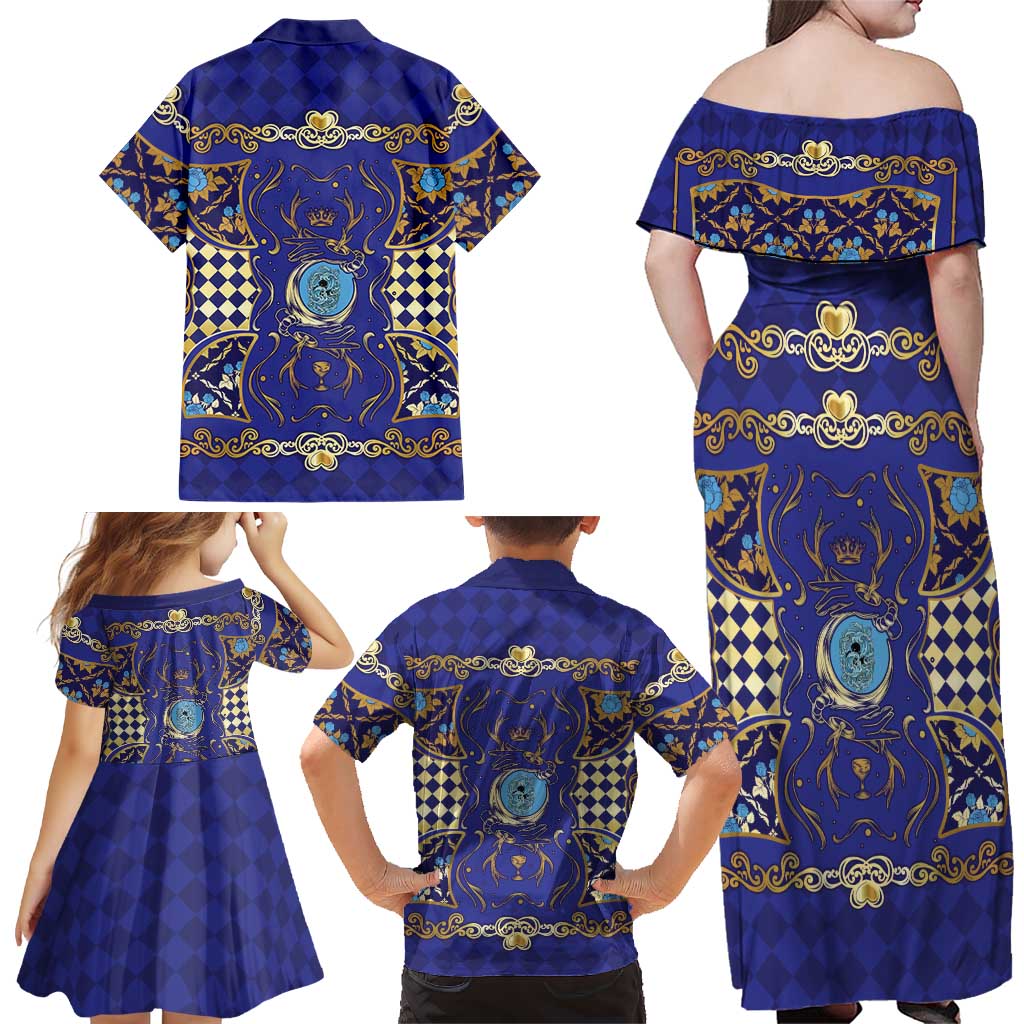 Zodiac Signs Family Matching Off Shoulder Maxi Dress and Hawaiian Shirt The Water Element Baroque Clubs Card