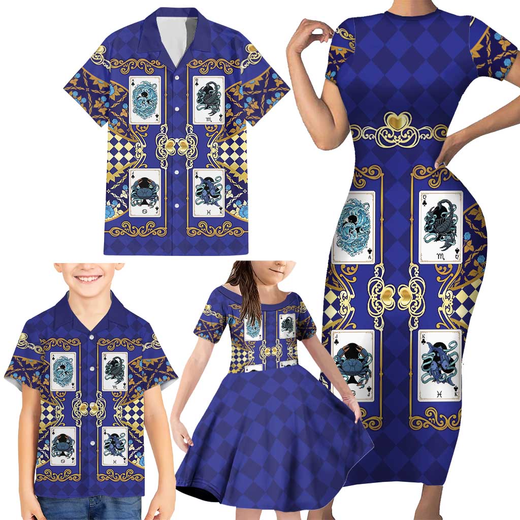 Zodiac Signs Family Matching Short Sleeve Bodycon Dress and Hawaiian Shirt The Water Element Baroque Clubs Card