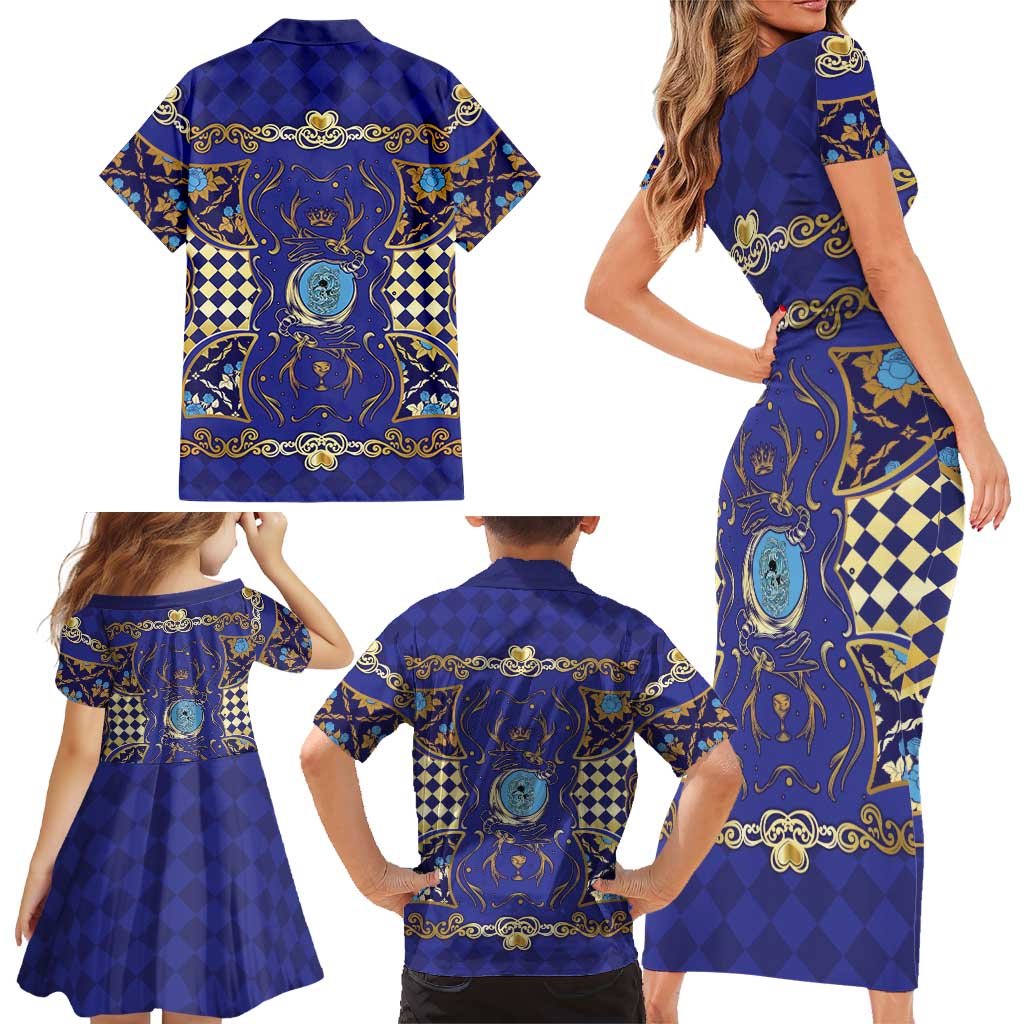 Zodiac Signs Family Matching Short Sleeve Bodycon Dress and Hawaiian Shirt The Water Element Baroque Clubs Card