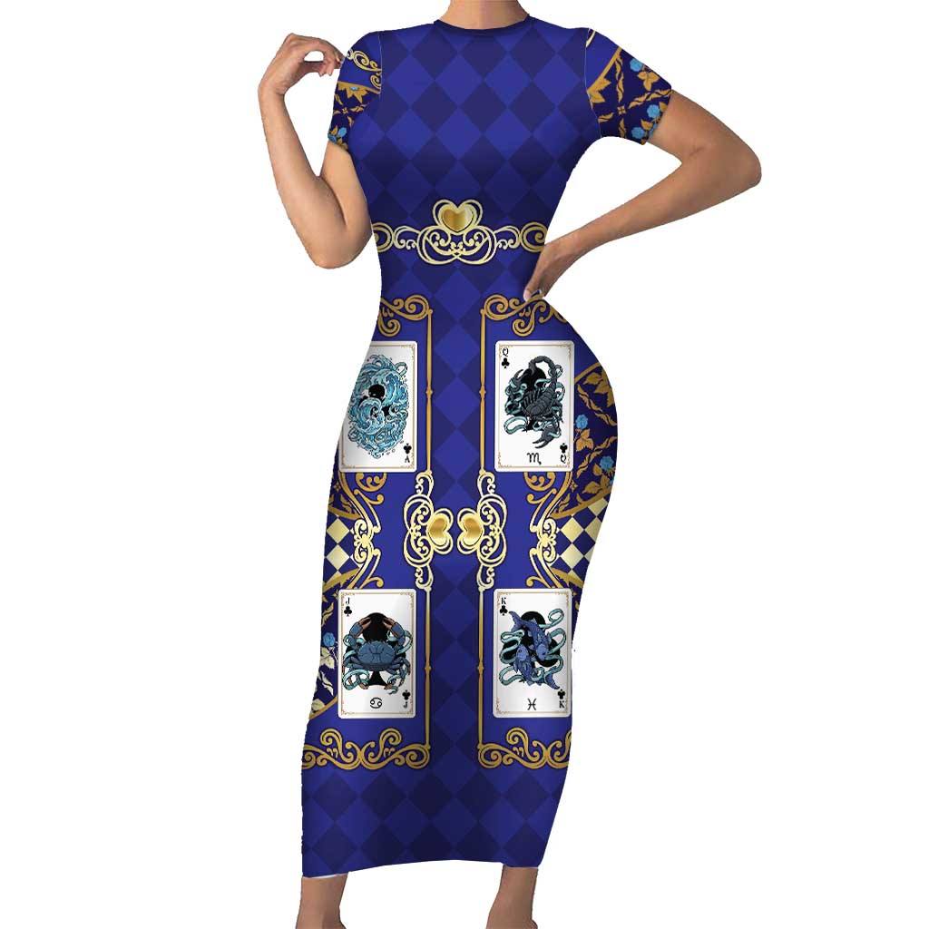 Zodiac Signs Family Matching Short Sleeve Bodycon Dress and Hawaiian Shirt The Water Element Baroque Clubs Card