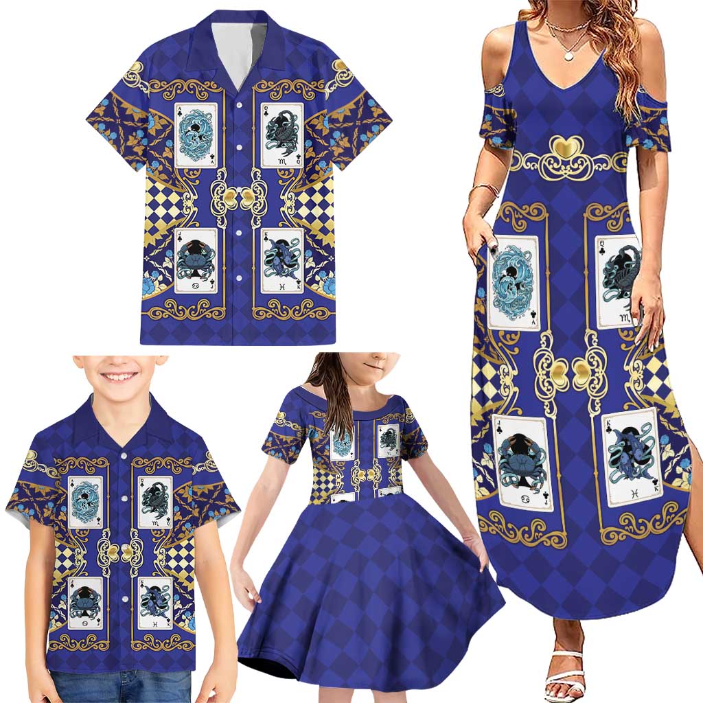 Zodiac Signs Family Matching Summer Maxi Dress and Hawaiian Shirt The Water Element Baroque Clubs Card