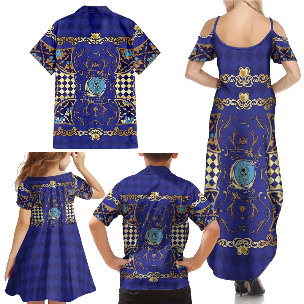 Zodiac Signs Family Matching Summer Maxi Dress and Hawaiian Shirt The Water Element Baroque Clubs Card