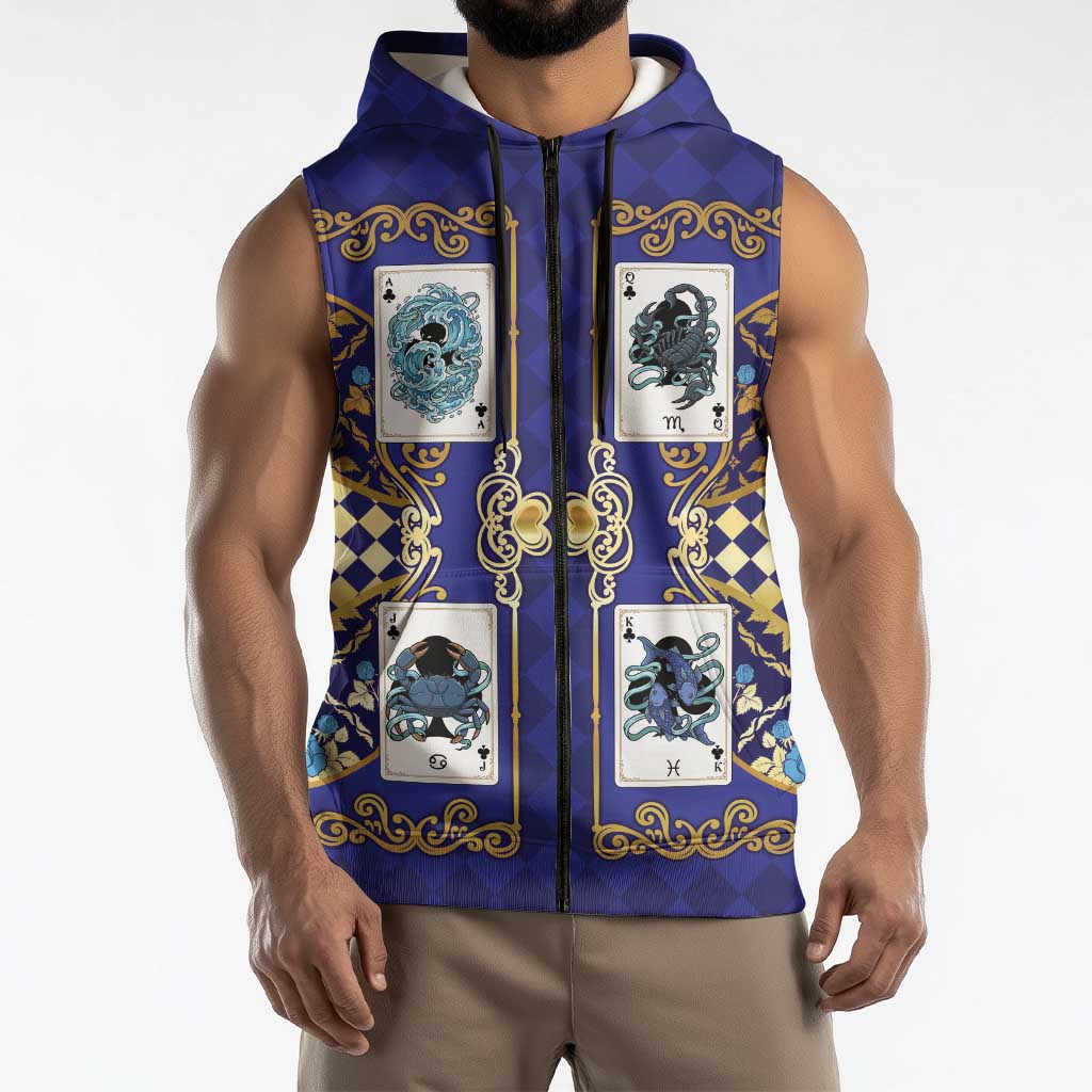 Zodiac Signs Sleeveless Zip Hoodie The Water Element Baroque Clubs Card
