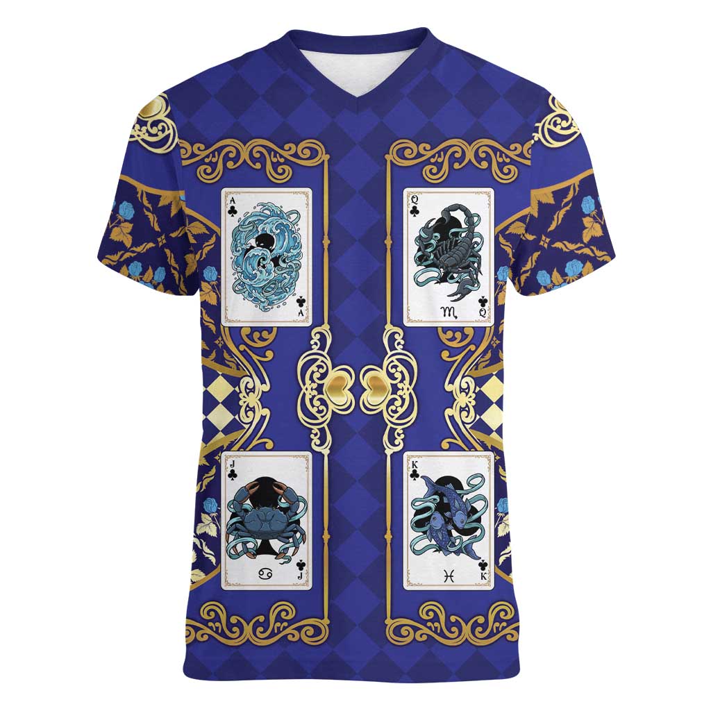 Zodiac Signs Women V-Neck T-Shirt The Water Element Baroque Clubs Card