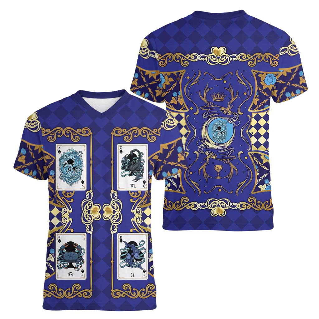 Zodiac Signs Women V-Neck T-Shirt The Water Element Baroque Clubs Card