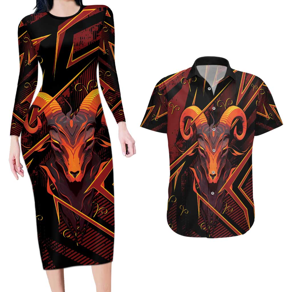 Custom Aries Zodiac Couples Matching Long Sleeve Bodycon Dress and Hawaiian Shirt With Bold Triangle