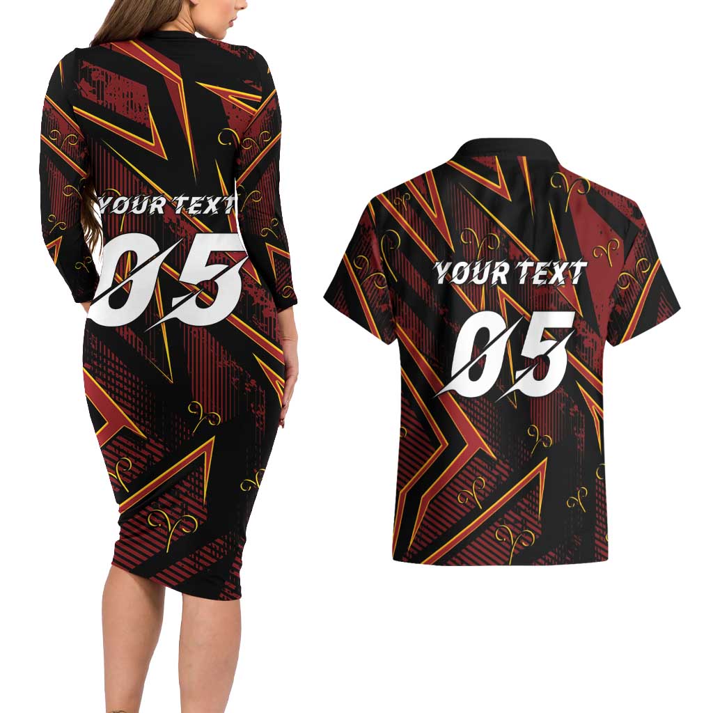 Custom Aries Zodiac Couples Matching Long Sleeve Bodycon Dress and Hawaiian Shirt With Bold Triangle