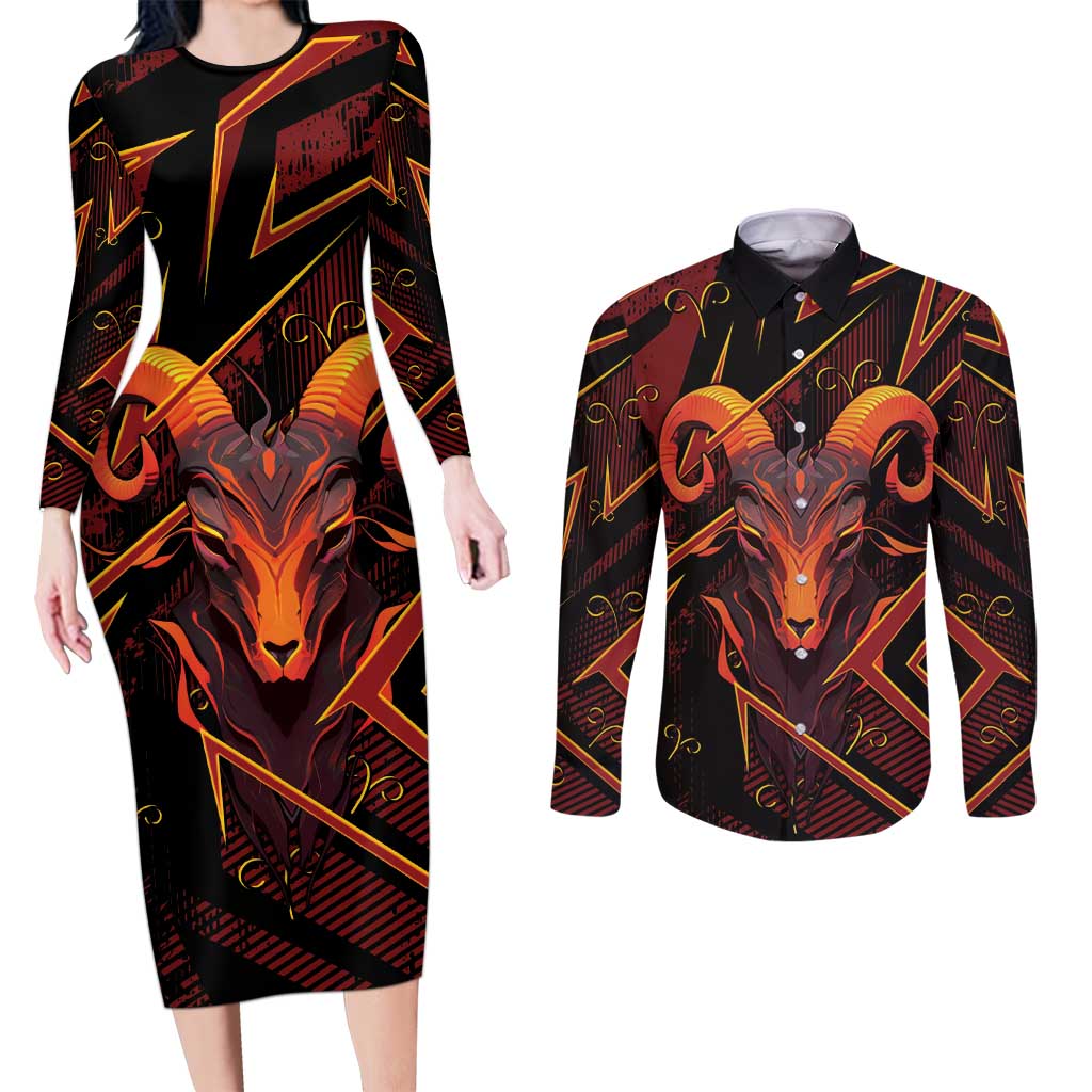Custom Aries Zodiac Couples Matching Long Sleeve Bodycon Dress and Long Sleeve Button Shirt With Bold Triangle