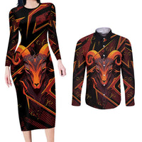 Custom Aries Zodiac Couples Matching Long Sleeve Bodycon Dress and Long Sleeve Button Shirt With Bold Triangle