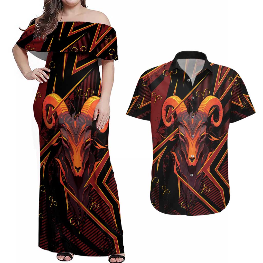 Custom Aries Zodiac Couples Matching Off Shoulder Maxi Dress and Hawaiian Shirt With Bold Triangle