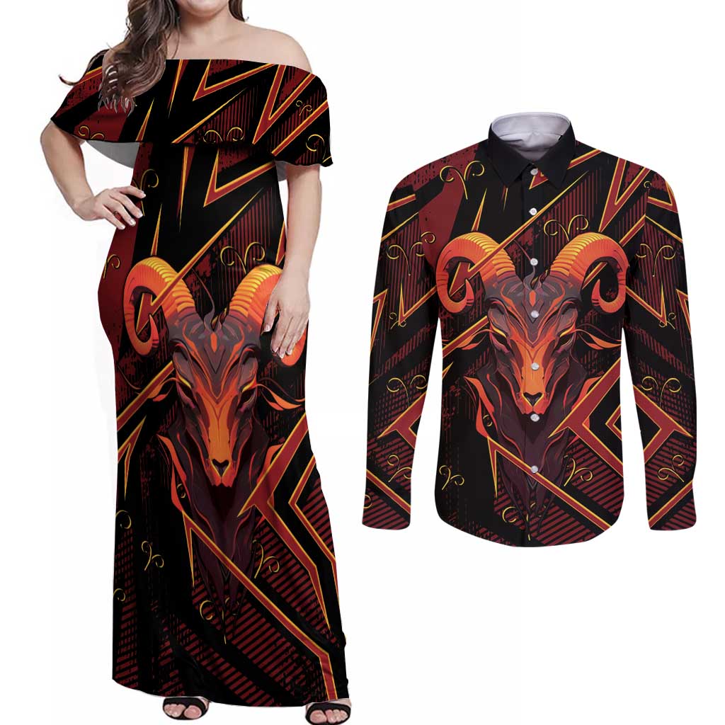 Custom Aries Zodiac Couples Matching Off Shoulder Maxi Dress and Long Sleeve Button Shirt With Bold Triangle