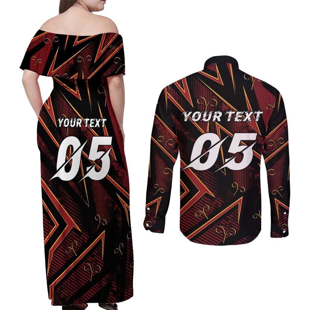 Custom Aries Zodiac Couples Matching Off Shoulder Maxi Dress and Long Sleeve Button Shirt With Bold Triangle