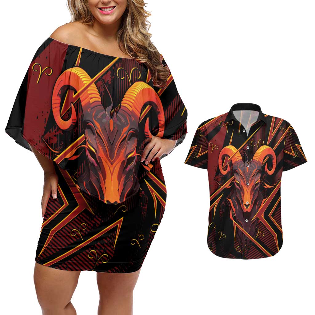 Custom Aries Zodiac Couples Matching Off Shoulder Short Dress and Hawaiian Shirt With Bold Triangle