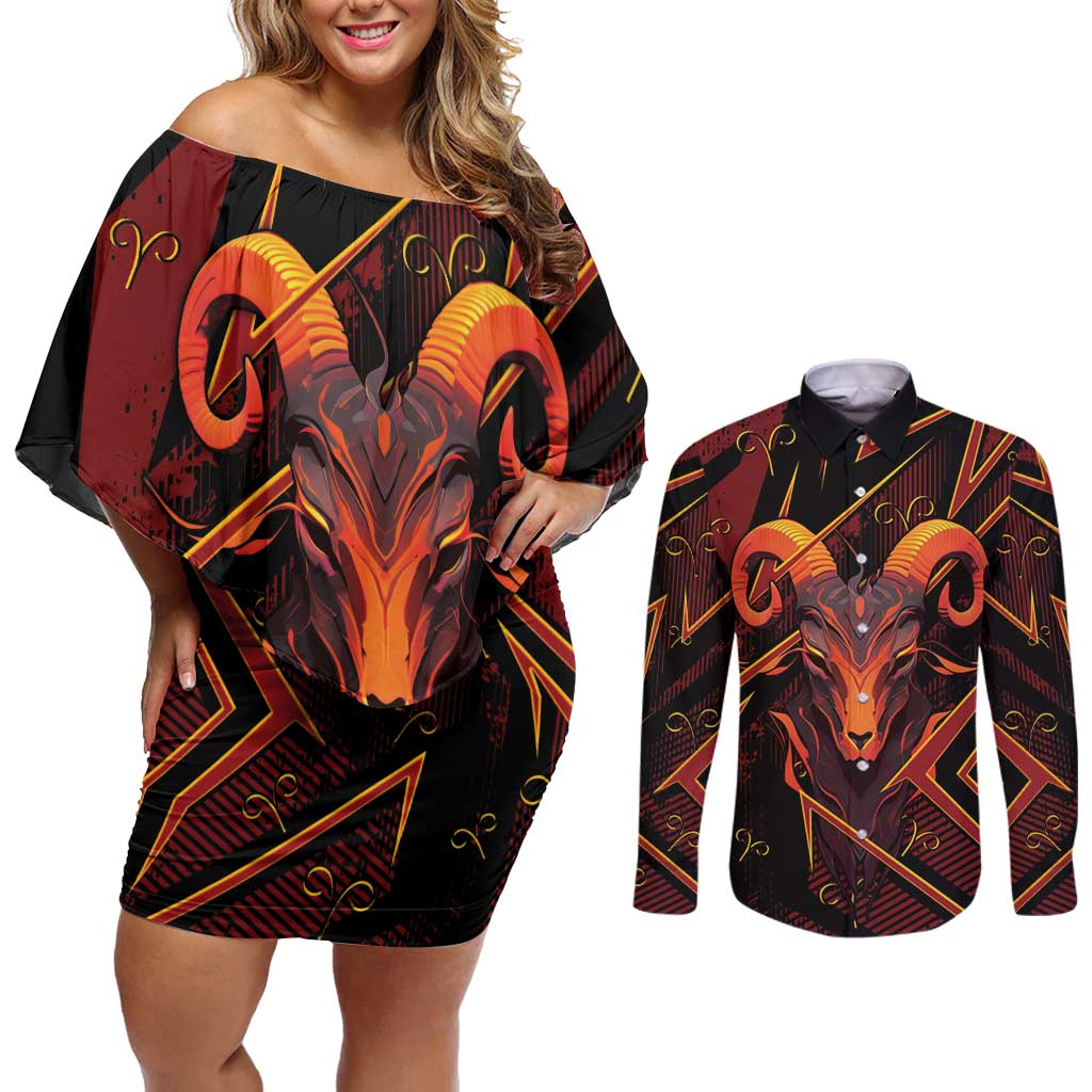 Custom Aries Zodiac Couples Matching Off Shoulder Short Dress and Long Sleeve Button Shirt With Bold Triangle
