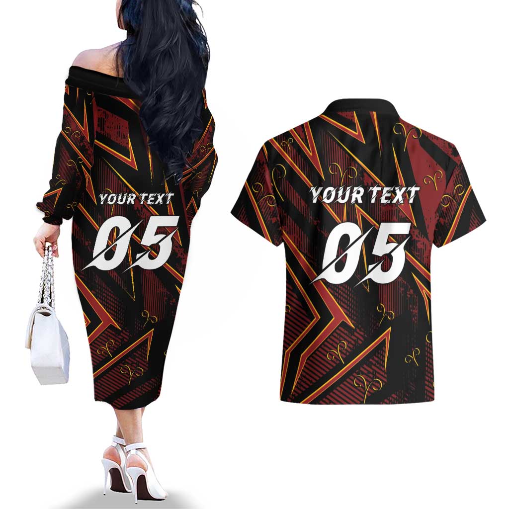 Custom Aries Zodiac Couples Matching Off The Shoulder Long Sleeve Dress and Hawaiian Shirt With Bold Triangle