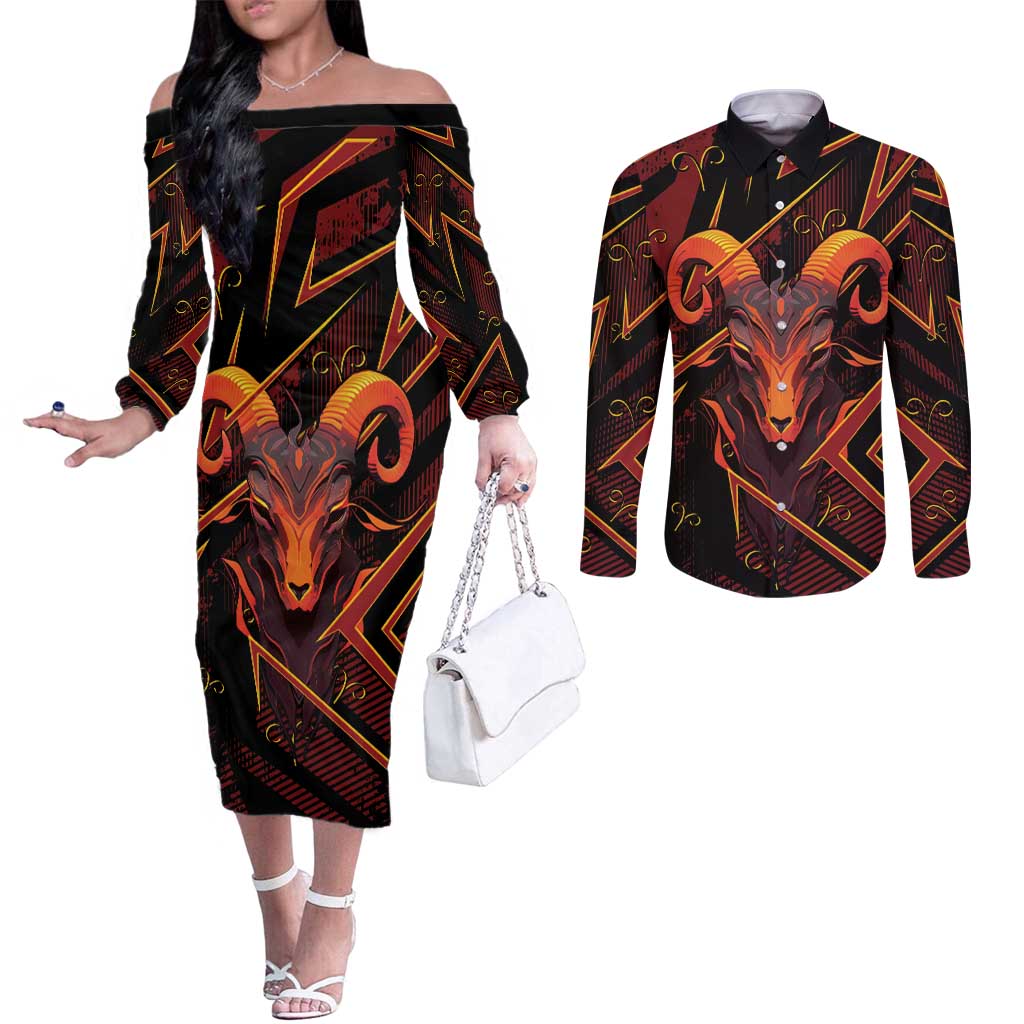Custom Aries Zodiac Couples Matching Off The Shoulder Long Sleeve Dress and Long Sleeve Button Shirt With Bold Triangle