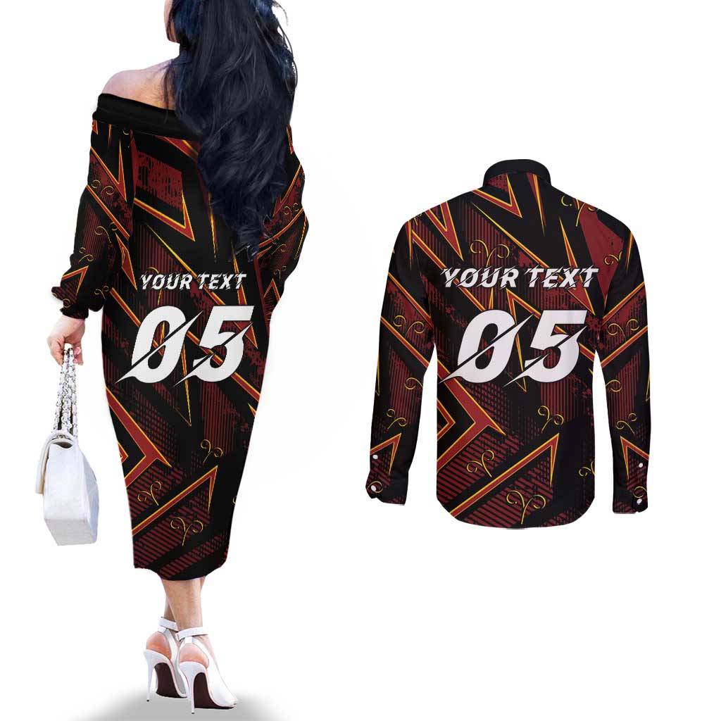 Custom Aries Zodiac Couples Matching Off The Shoulder Long Sleeve Dress and Long Sleeve Button Shirt With Bold Triangle